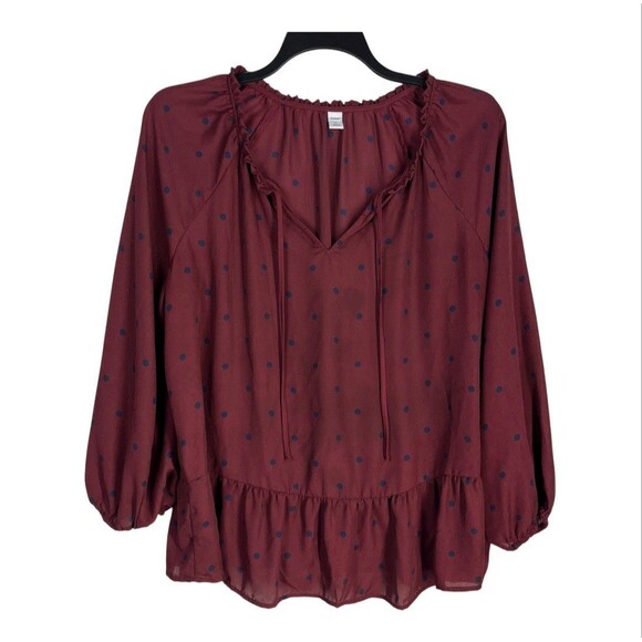 Old Navy XL Burgundy Long Sleeve Peplum Blouse Blue Polka Dots Drawstring Neck - Picture 1 of 6